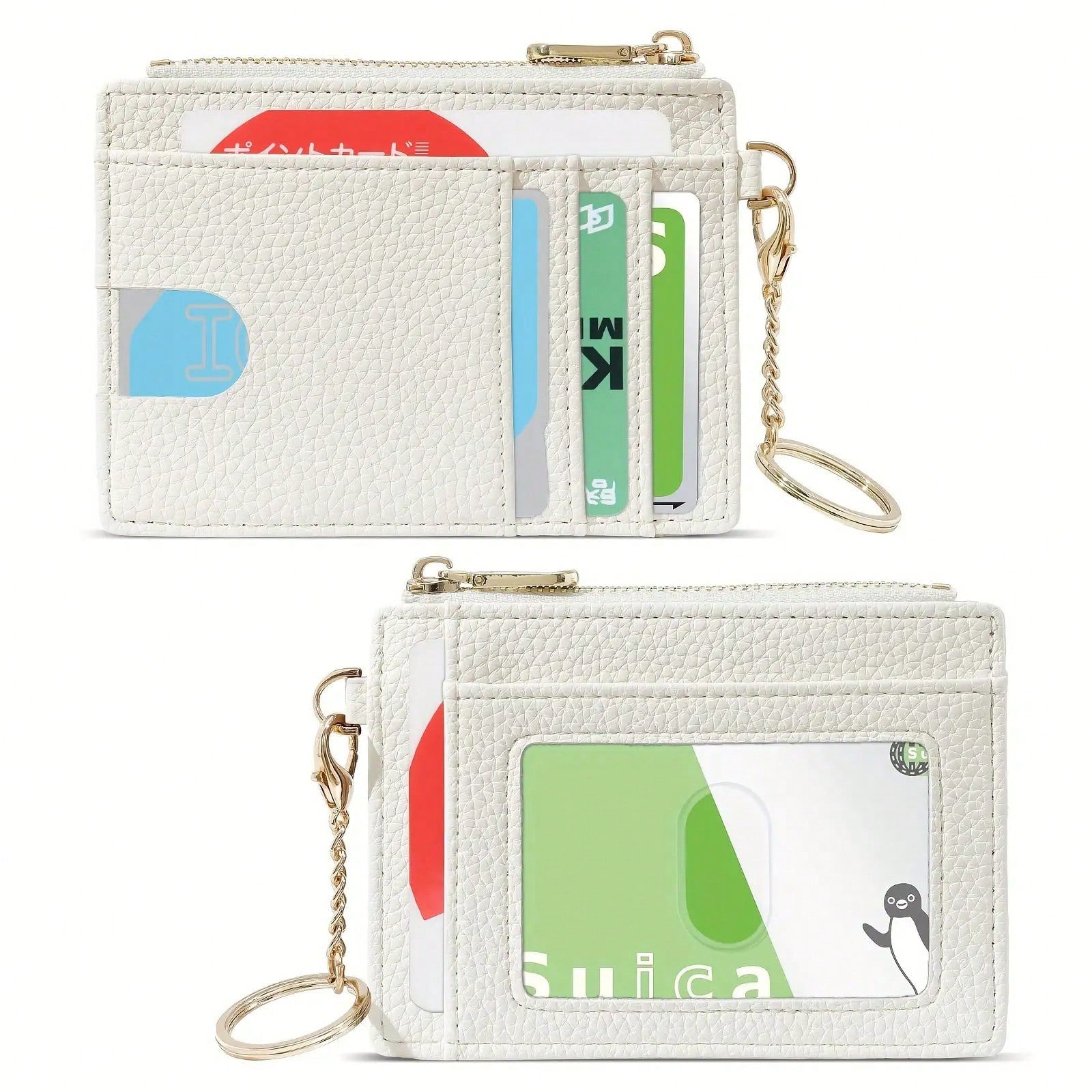 Ultra-Thin PU Leather Wallet With Keychain- Lychee Texture, Zipper Coin Pocket And Card Holder