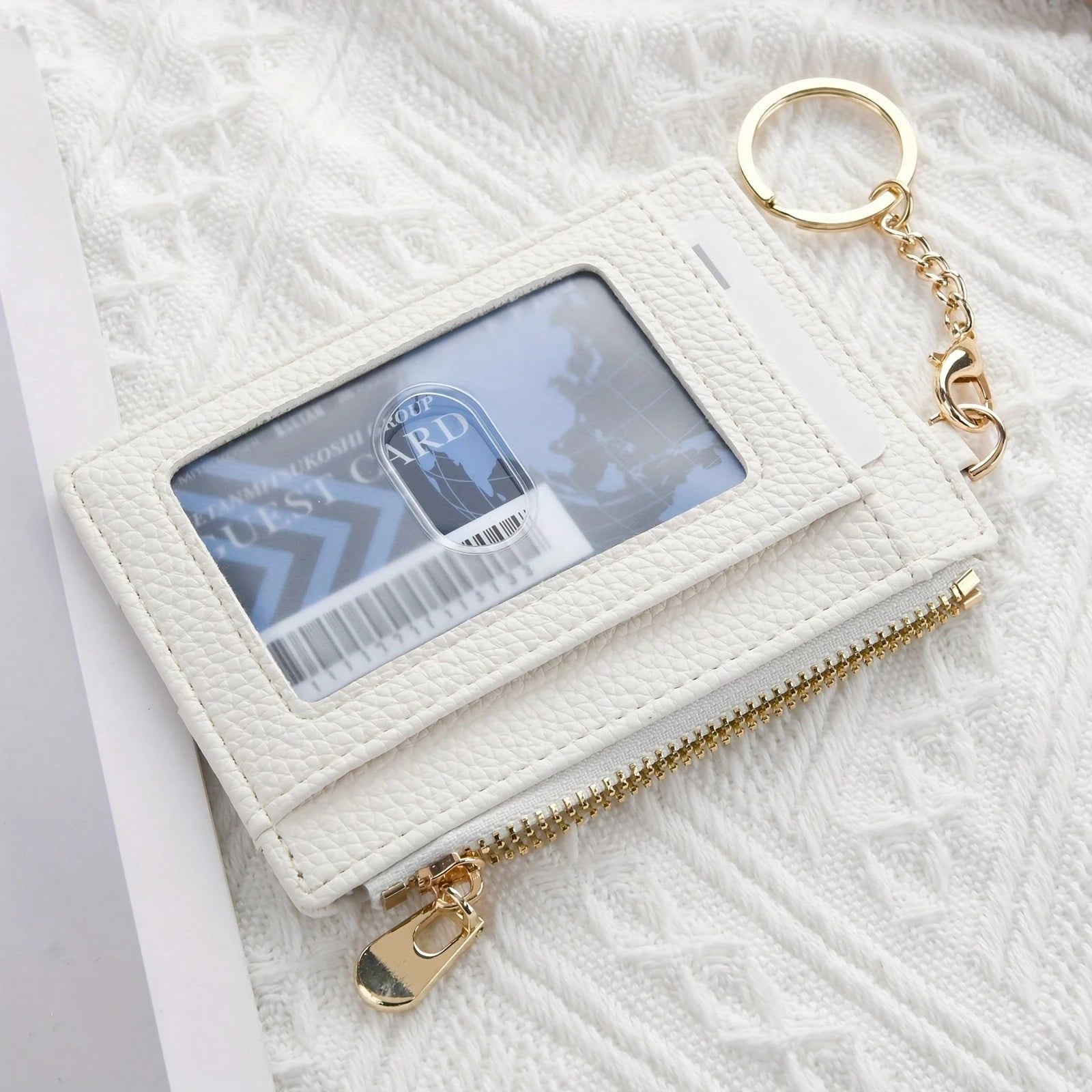 Ultra-Thin PU Leather Wallet With Keychain- Lychee Texture, Zipper Coin Pocket And Card Holder