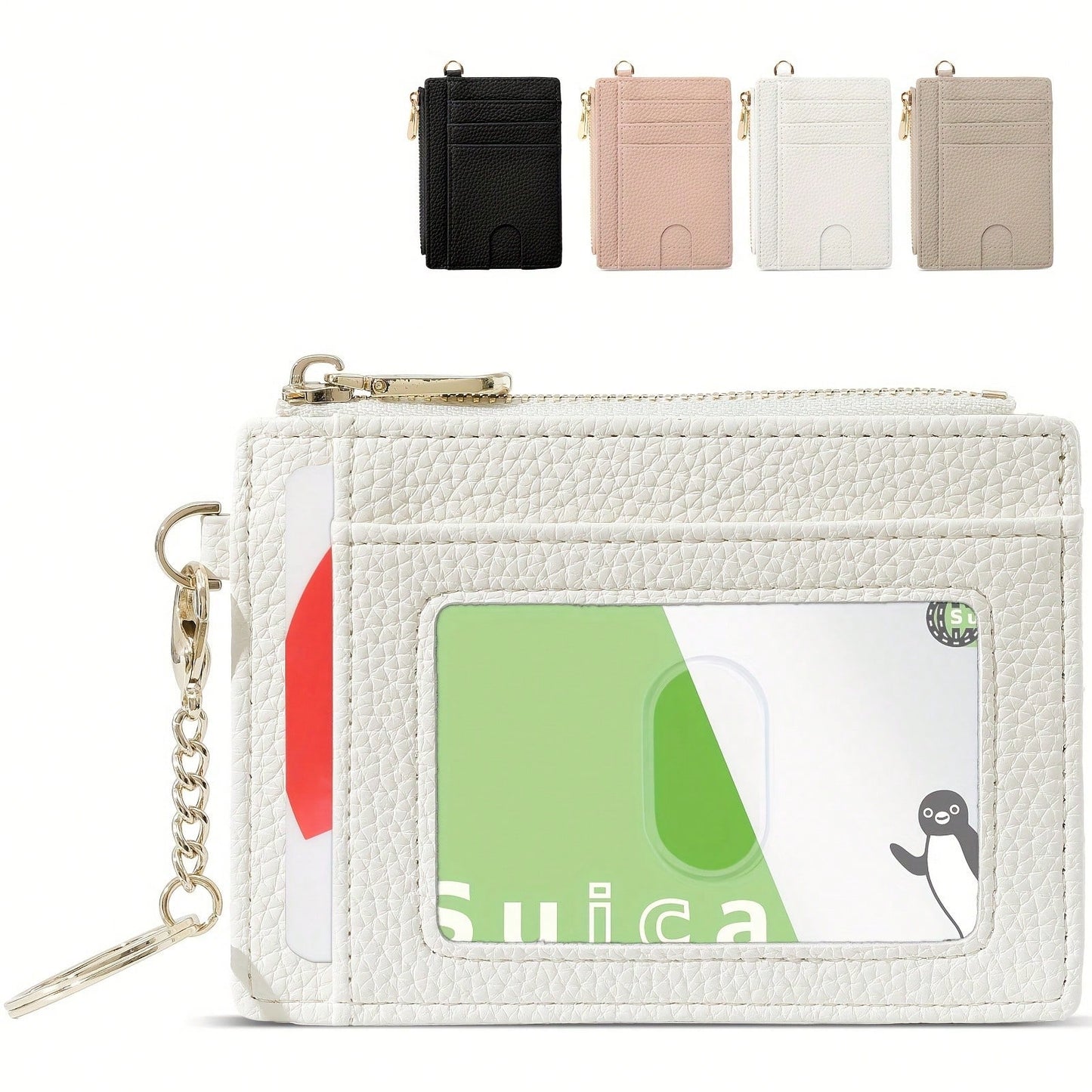 Ultra-Thin PU Leather Wallet With Keychain- Lychee Texture, Zipper Coin Pocket And Card Holder