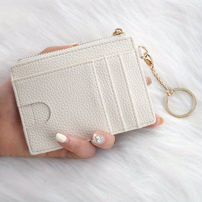 Ultra-Thin PU Leather Wallet With Keychain- Lychee Texture, Zipper Coin Pocket And Card Holder