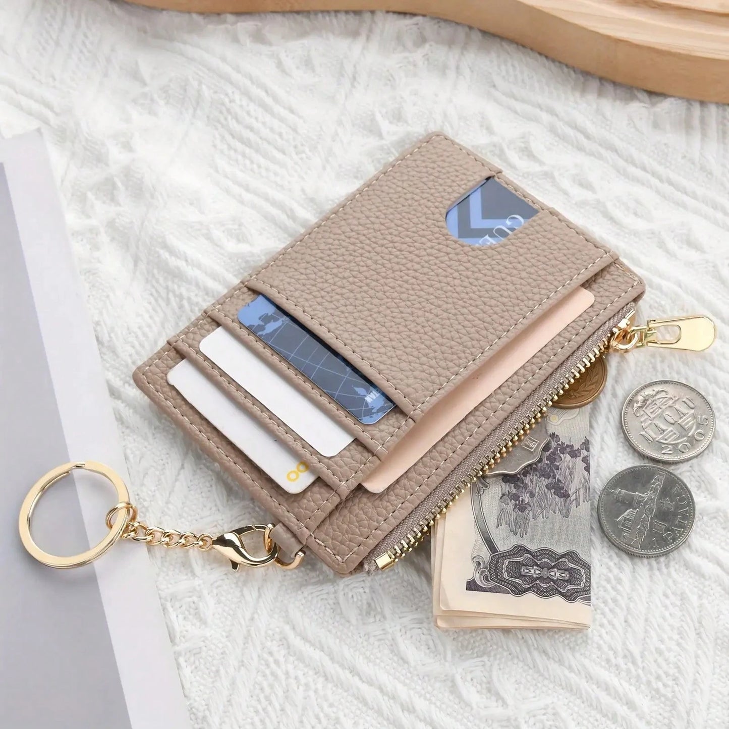 Ultra-Thin PU Leather Wallet With Keychain- Lychee Texture, Zipper Coin Pocket And Card Holder