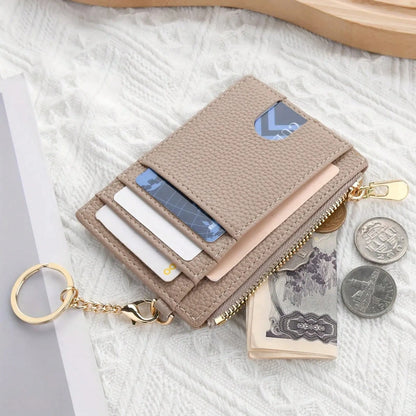 Ultra-Thin PU Leather Wallet With Keychain- Lychee Texture, Zipper Coin Pocket And Card Holder