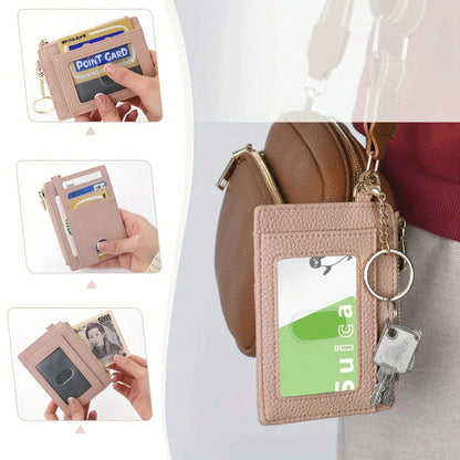 Ultra-Thin PU Leather Wallet With Keychain- Lychee Texture, Zipper Coin Pocket And Card Holder