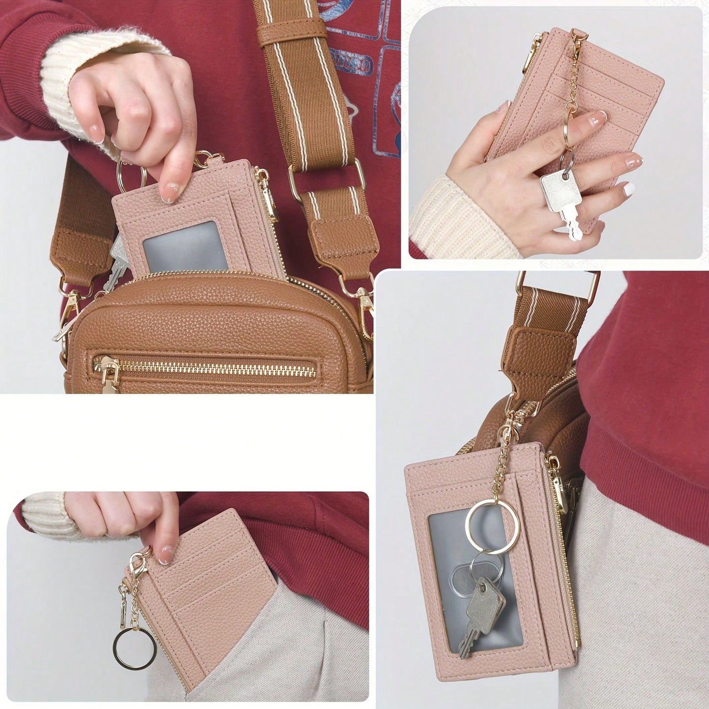 Ultra-Thin PU Leather Wallet With Keychain- Lychee Texture, Zipper Coin Pocket And Card Holder