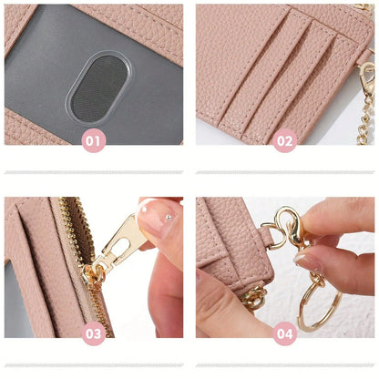 Ultra-Thin PU Leather Wallet With Keychain- Lychee Texture, Zipper Coin Pocket And Card Holder