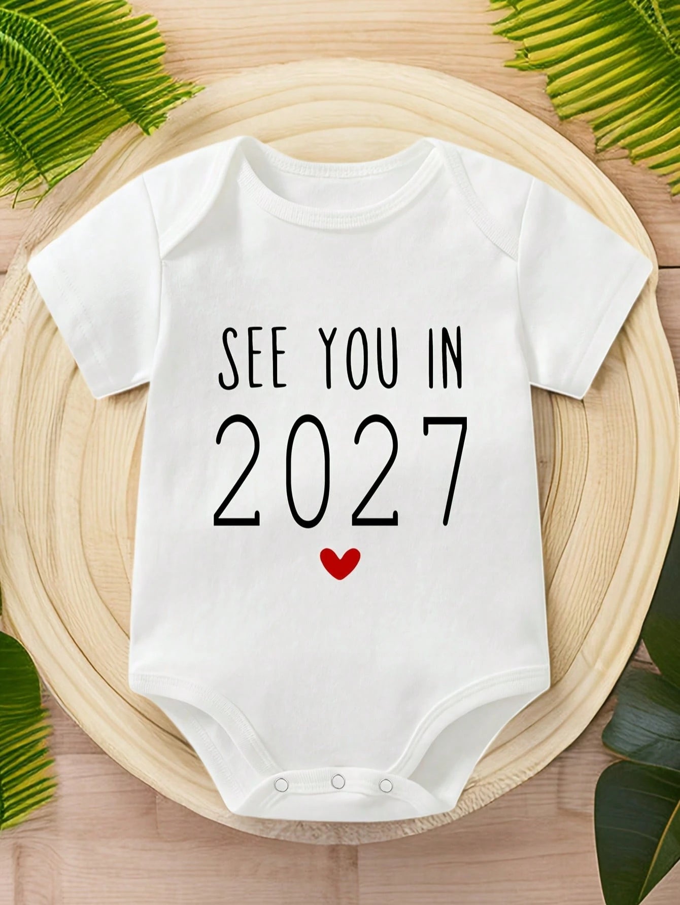 Unisex Newborn Baby Bodysuit, See You In 2027 Red Heart Letter Print Round Neck Short Sleeve Soft Cotton Infant One Piece Outfit