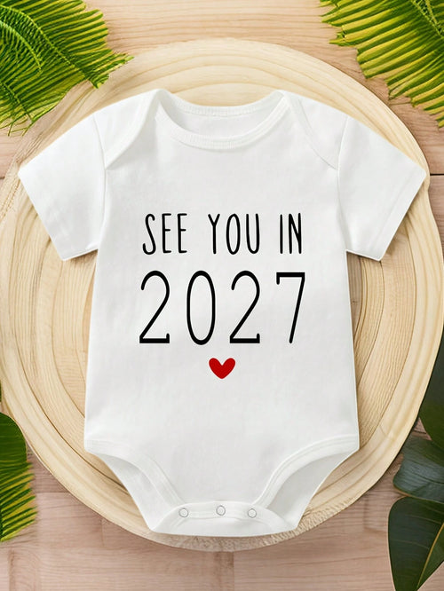 Unisex Newborn Baby Bodysuit, See You In 2027 Red Heart Letter Print Round Neck Short Sleeve Soft Cotton Infant One Piece Outfit