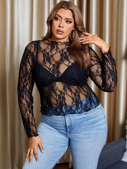 Unity Plus Size Women Sexy Sheer Lace Long Sleeve Round Neck Casual Slim Fit Stretchy Top, Spring/Autumn
