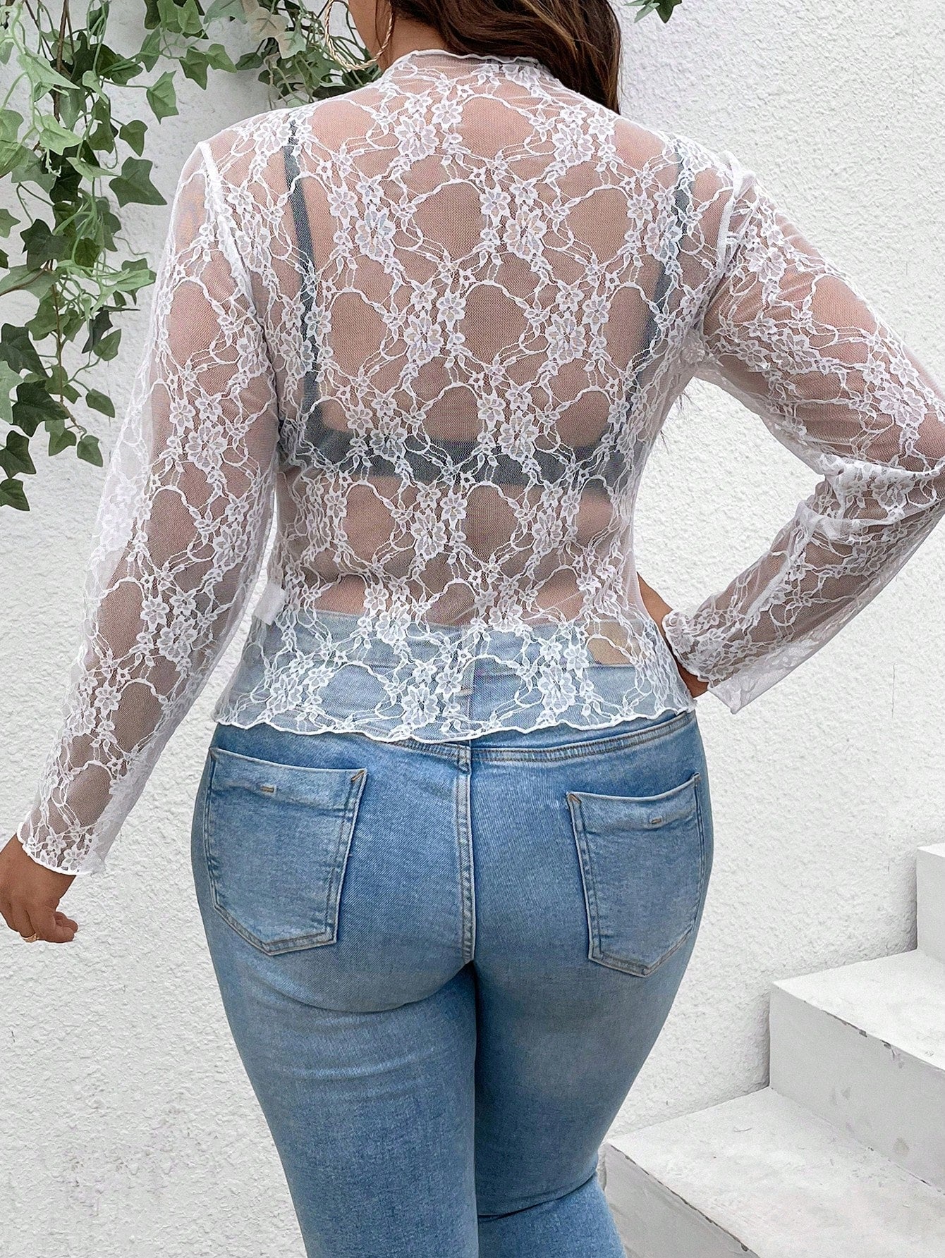 Unity Plus Size Women Sexy Sheer Lace Long Sleeve Round Neck Casual Slim Fit Stretchy Top, Spring/Autumn