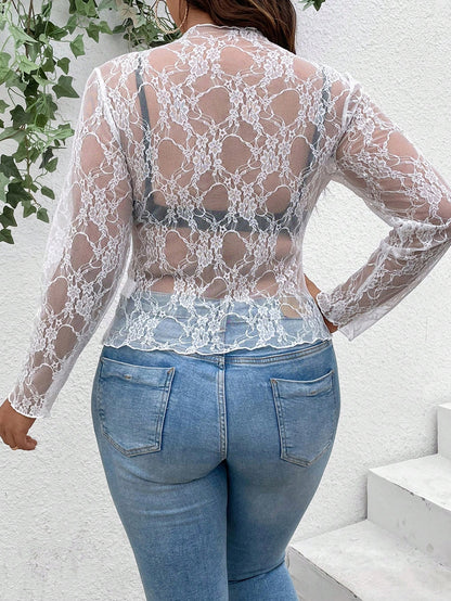 Unity Plus Size Women Sexy Sheer Lace Long Sleeve Round Neck Casual Slim Fit Stretchy Top, Spring/Autumn