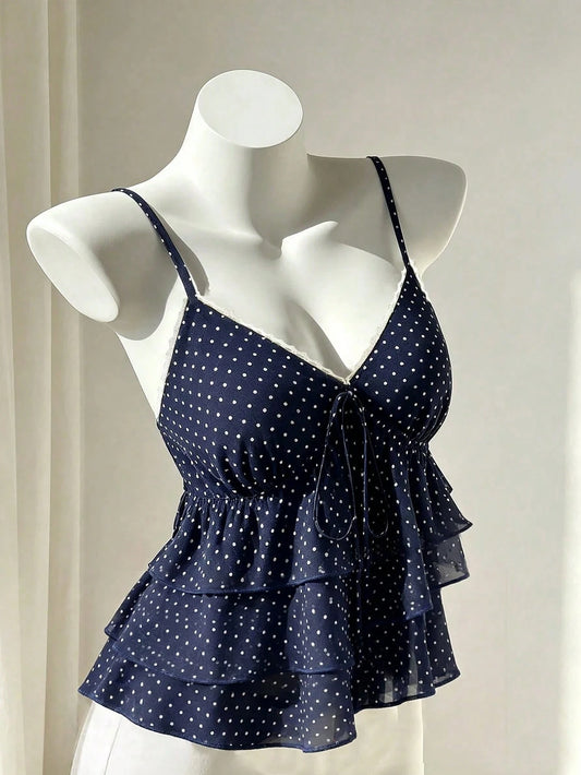 Unity Women's Navy Blue Polka Dot Camisole Top,Square Neck Ruffle Hem Sleeveless Summer Cute Tops,Vintage Everyday Casual Vacation Beach Tops For Ladies