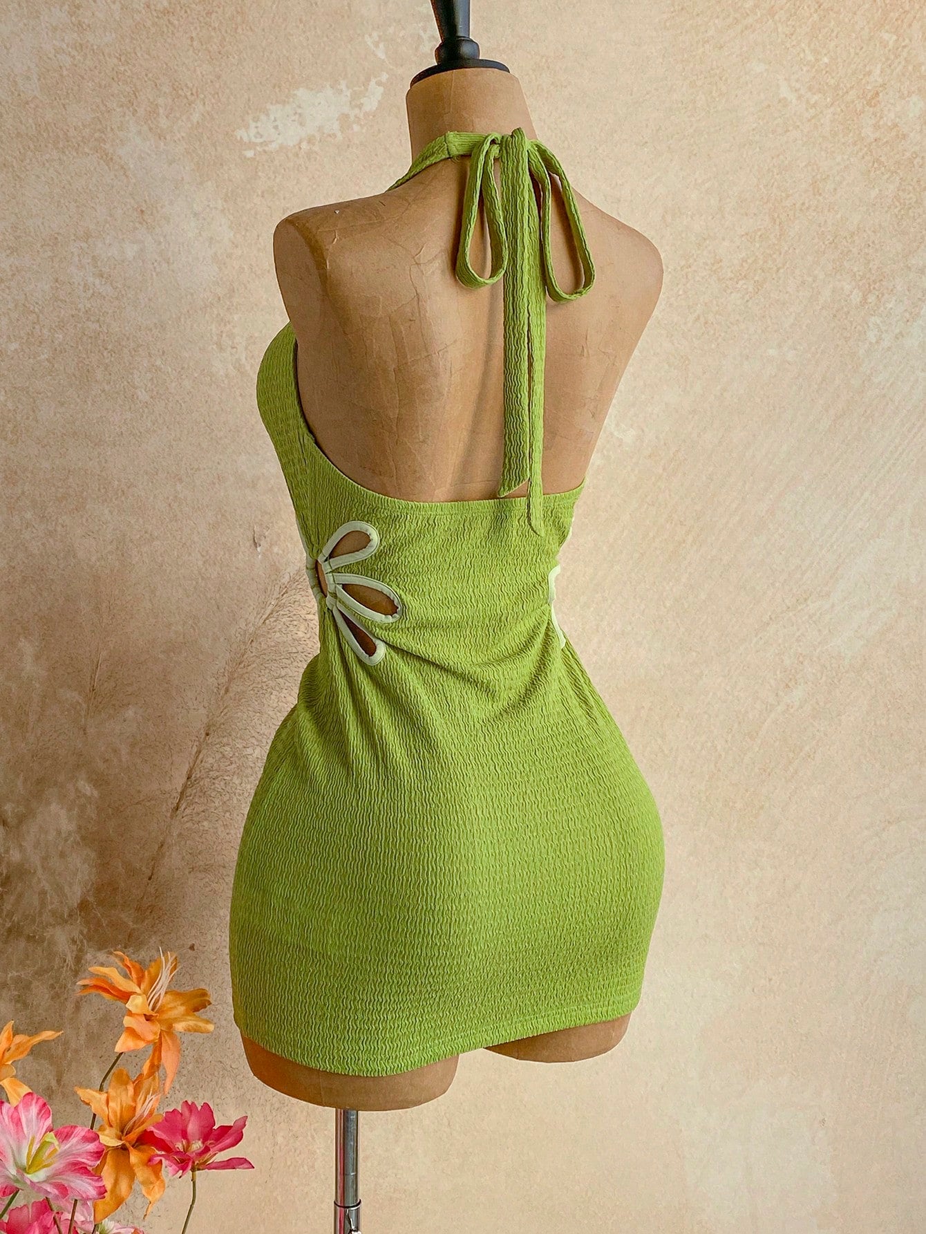 Ure Wave Women's Lime Green Summer 70's Party Beach Vacation Disco 3D Floral Embellished Knitted Mini Dress Cutout Waist V-Neck Open Back Festival Tropical