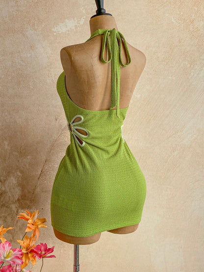 Ure Wave Women's Lime Green Summer 70's Party Beach Vacation Disco 3D Floral Embellished Knitted Mini Dress Cutout Waist V-Neck Open Back Festival Tropical