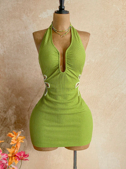 Ure Wave Women's Lime Green Summer 70's Party Beach Vacation Disco 3D Floral Embellished Knitted Mini Dress Cutout Waist V-Neck Open Back Festival Tropical