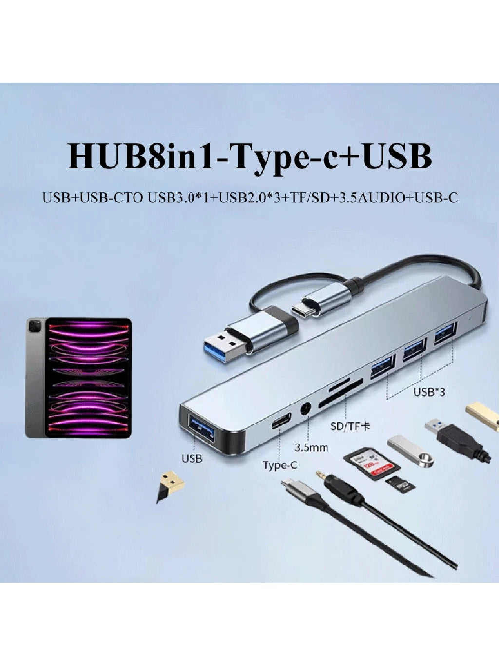 USB C Hub USB Hub 3.0, VIENON Aluminum 8 In 1 USB Splitter With 1 X USB 3.0, 3 X USB 2.0 And 1 X USB C, SD/TF Card Reader, 3.5mm Audio Aux Ports Compatible With MBook Pro Air And More PC/Laptop/Tablet