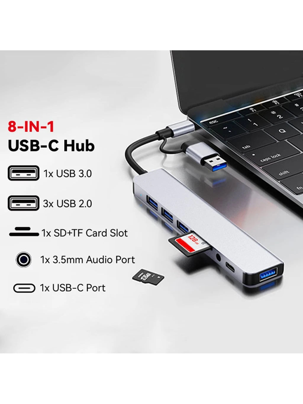 USB C Hub USB Hub 3.0, VIENON Aluminum 8 In 1 USB Splitter With 1 X USB 3.0, 3 X USB 2.0 And 1 X USB C, SD/TF Card Reader, 3.5mm Audio Aux Ports Compatible With MBook Pro Air And More PC/Laptop/Tablet