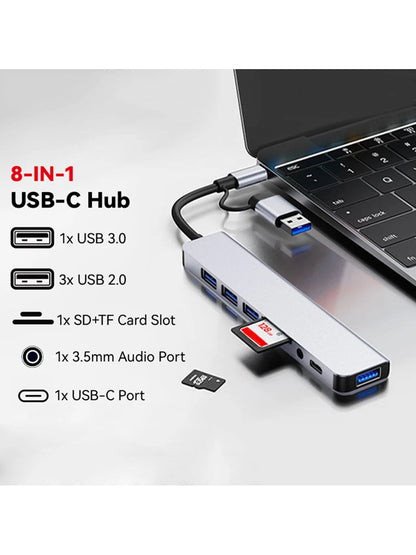 USB C Hub USB Hub 3.0, VIENON Aluminum 8 In 1 USB Splitter With 1 X USB 3.0, 3 X USB 2.0 And 1 X USB C, SD/TF Card Reader, 3.5mm Audio Aux Ports Compatible With MBook Pro Air And More PC/Laptop/Tablet