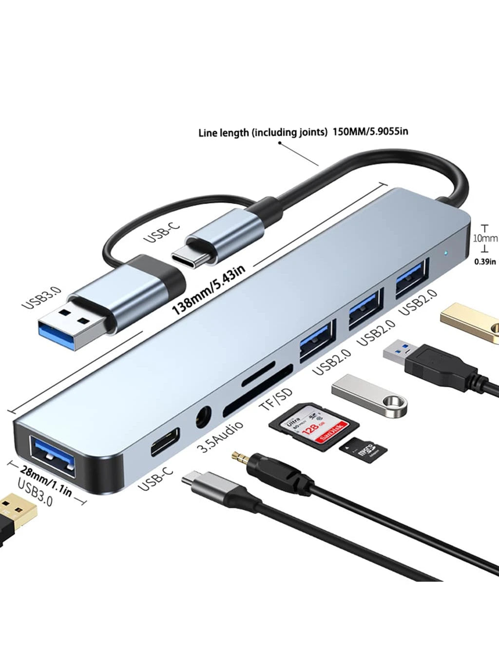 USB C Hub USB Hub 3.0, VIENON Aluminum 8 In 1 USB Splitter With 1 X USB 3.0, 3 X USB 2.0 And 1 X USB C, SD/TF Card Reader, 3.5mm Audio Aux Ports Compatible With MBook Pro Air And More PC/Laptop/Tablet