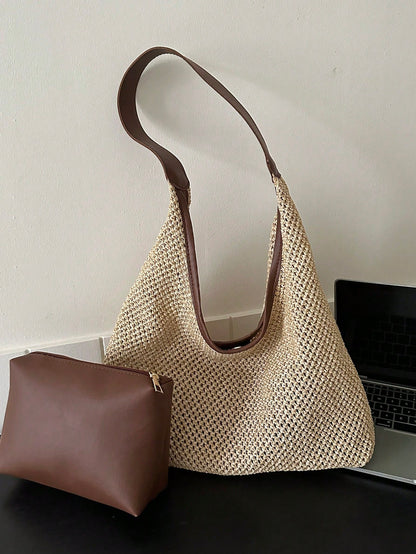 Vacation Straw Bag With Inner Pouch Contrast Binding Snap Button, Beach Purse, Perfect For Summer, Vacation & Daily Use, Travel Must Haves
