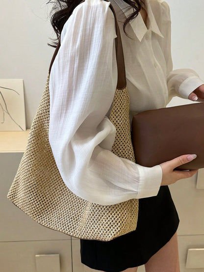 Vacation Straw Bag With Inner Pouch Contrast Binding Snap Button, Beach Purse, Perfect For Summer, Vacation & Daily Use, Travel Must Haves