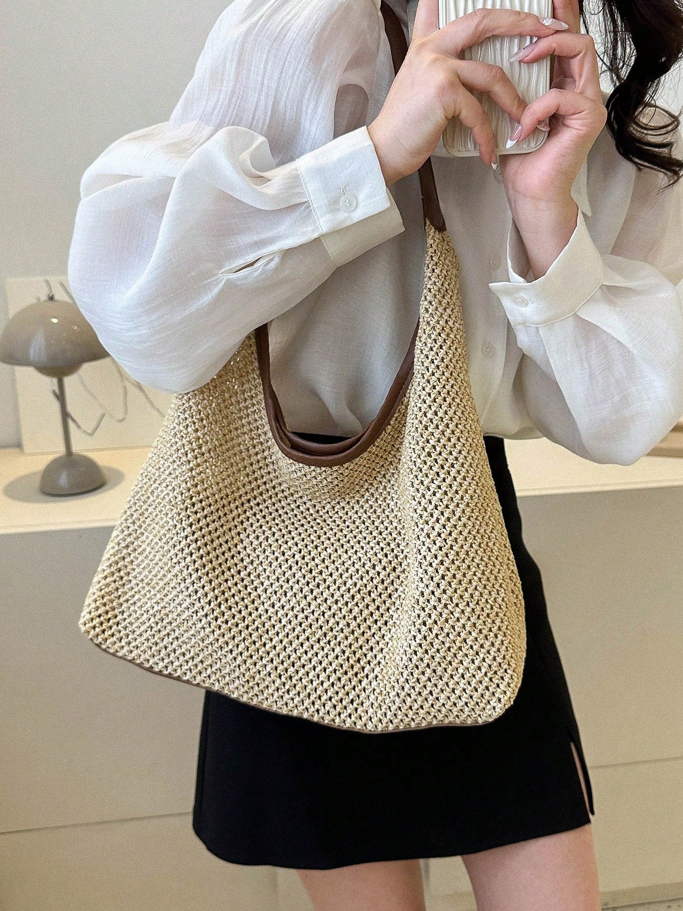 Vacation Straw Bag With Inner Pouch Contrast Binding Snap Button, Beach Purse, Perfect For Summer, Vacation & Daily Use, Travel Must Haves