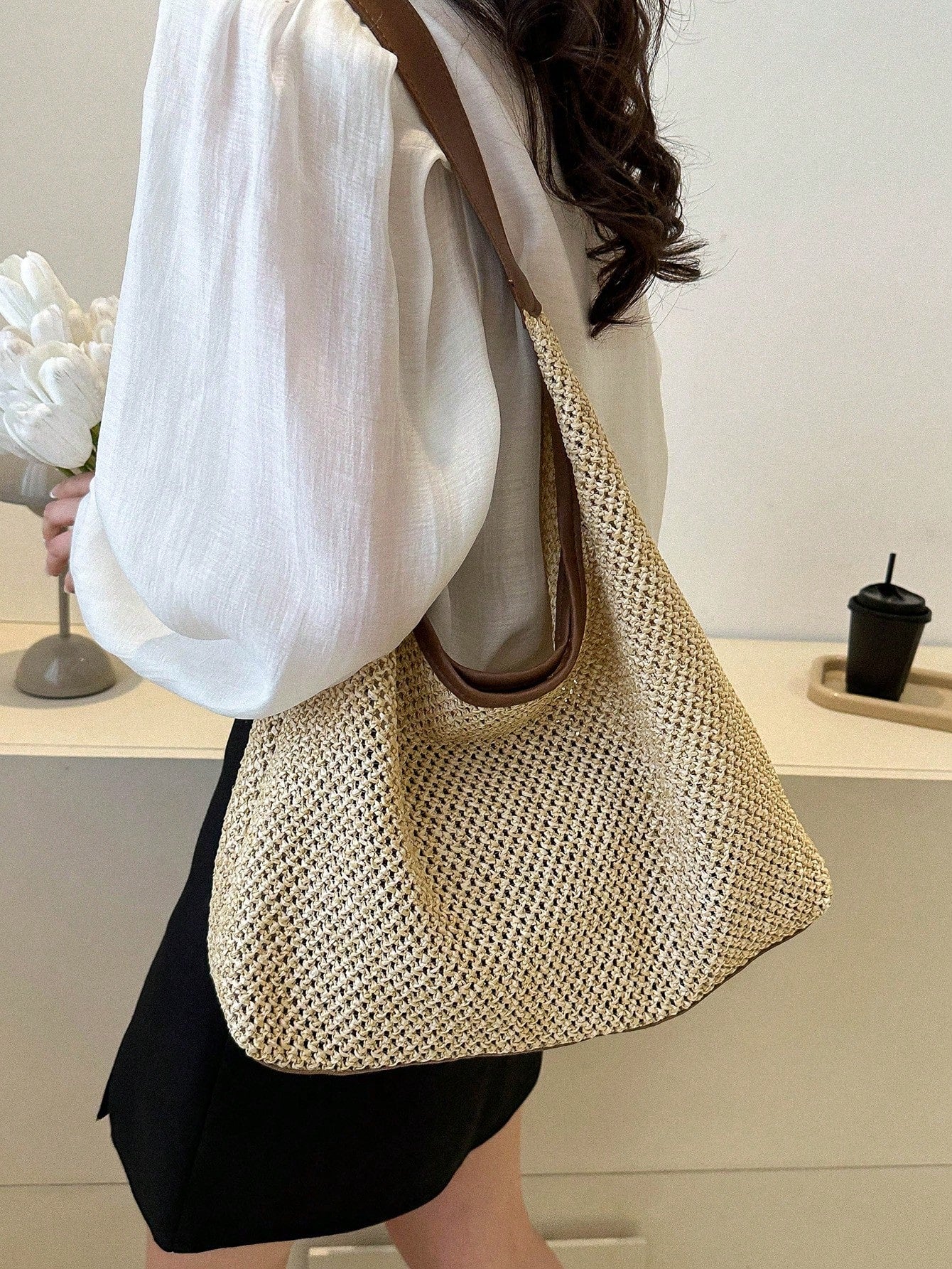 Vacation Straw Bag With Inner Pouch Contrast Binding Snap Button, Beach Purse, Perfect For Summer, Vacation & Daily Use, Travel Must Haves