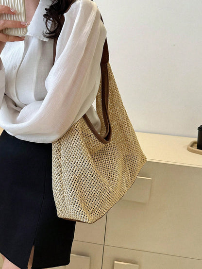 Vacation Straw Bag With Inner Pouch Contrast Binding Snap Button, Beach Purse, Perfect For Summer, Vacation & Daily Use, Travel Must Haves