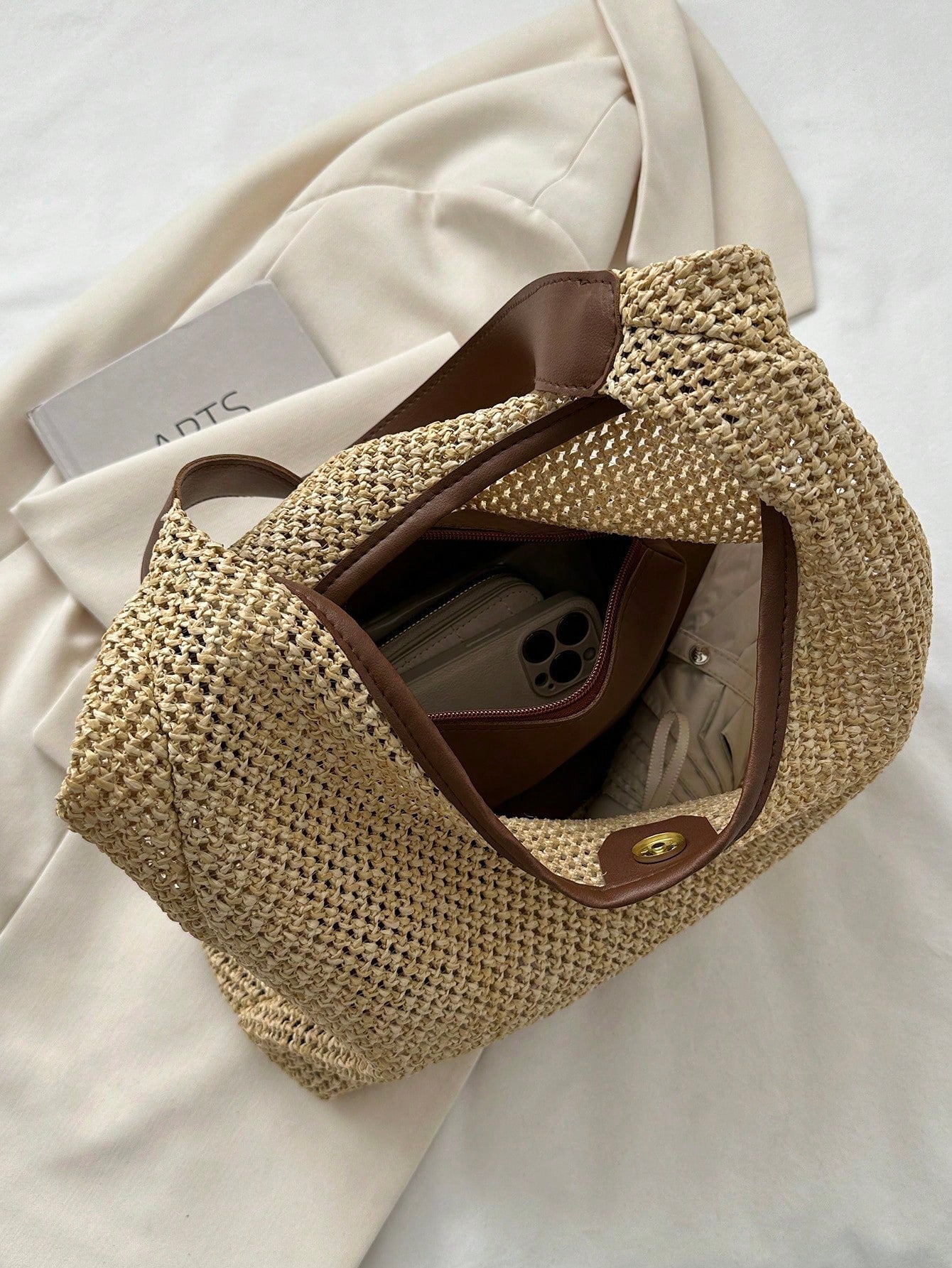 Vacation Straw Bag With Inner Pouch Contrast Binding Snap Button, Beach Purse, Perfect For Summer, Vacation & Daily Use, Travel Must Haves