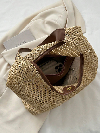 Vacation Straw Bag With Inner Pouch Contrast Binding Snap Button, Beach Purse, Perfect For Summer, Vacation & Daily Use, Travel Must Haves