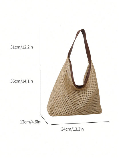 Vacation Straw Bag With Inner Pouch Contrast Binding Snap Button, Beach Purse, Perfect For Summer, Vacation & Daily Use, Travel Must Haves
