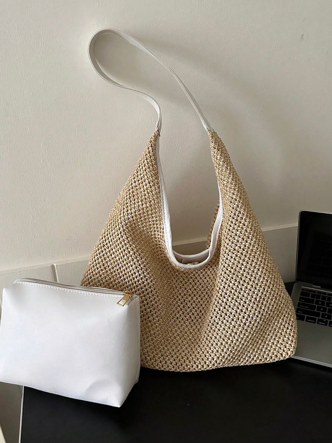 Vacation Straw Bag With Inner Pouch Contrast Binding Snap Button, Beach Purse, Perfect For Summer, Vacation & Daily Use, Travel Must Haves