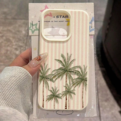 Vacation Style TPU Pink Fashion Phone Shockproof Case 1pc TPU Material Pink Striped & 5 Palm Tree Pattern Phone Case Compatible With IPhone 17 Pro Max/17/16 Pro Max/15/13/12/11, S20 FE/A15/S24/A55, No