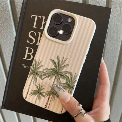 Vacation Style TPU Pink Fashion Phone Shockproof Case 1pc TPU Material Pink Striped & 5 Palm Tree Pattern Phone Case Compatible With IPhone 17 Pro Max/17/16 Pro Max/15/13/12/11, S20 FE/A15/S24/A55, No