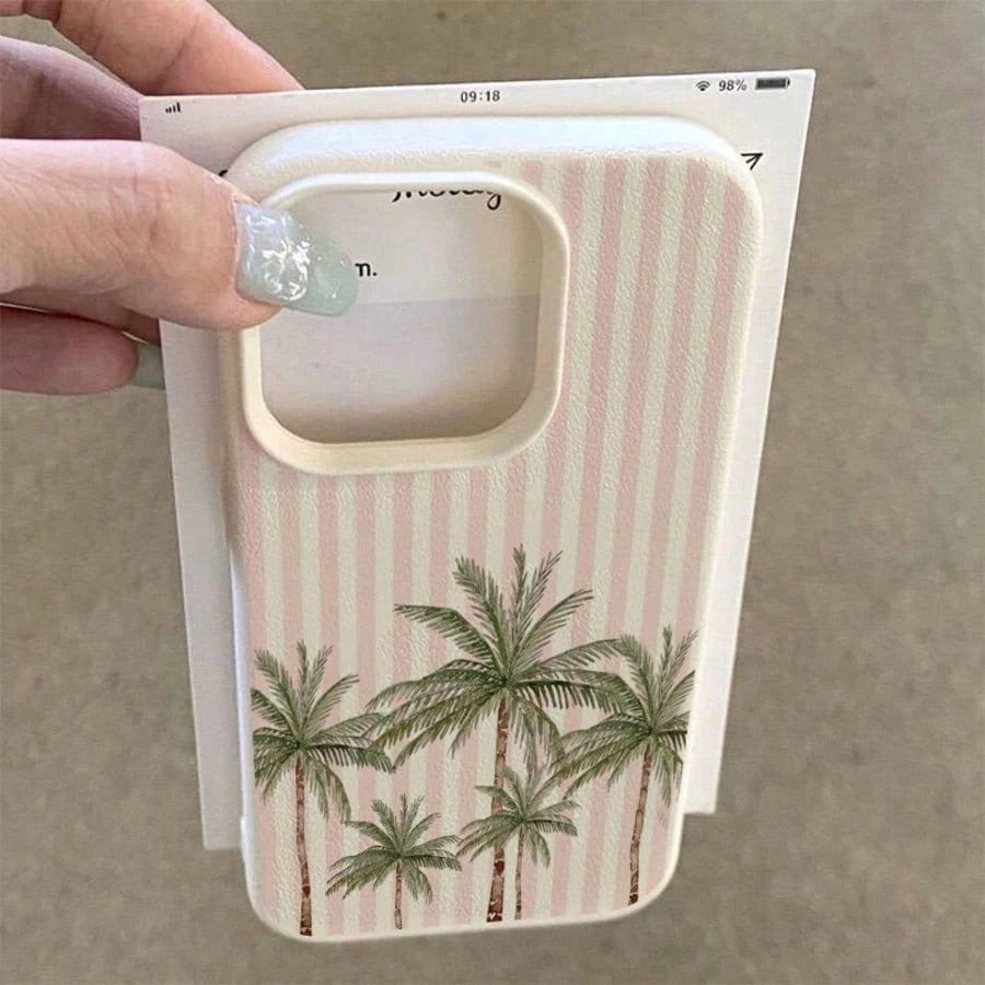 Vacation Style TPU Pink Fashion Phone Shockproof Case 1pc TPU Material Pink Striped & 5 Palm Tree Pattern Phone Case Compatible With IPhone 17 Pro Max/17/16 Pro Max/15/13/12/11, S20 FE/A15/S24/A55, No