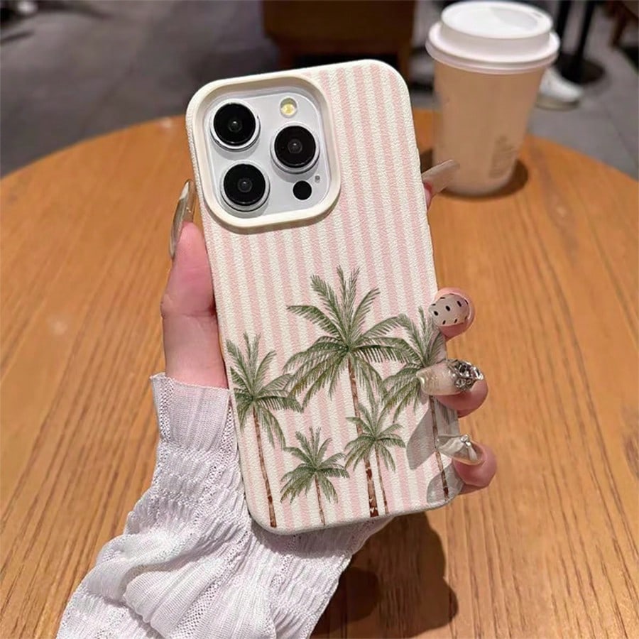 Vacation Style TPU Pink Fashion Phone Shockproof Case 1pc TPU Material Pink Striped & 5 Palm Tree Pattern Phone Case Compatible With IPhone 17 Pro Max/17/16 Pro Max/15/13/12/11, S20 FE/A15/S24/A55, No
