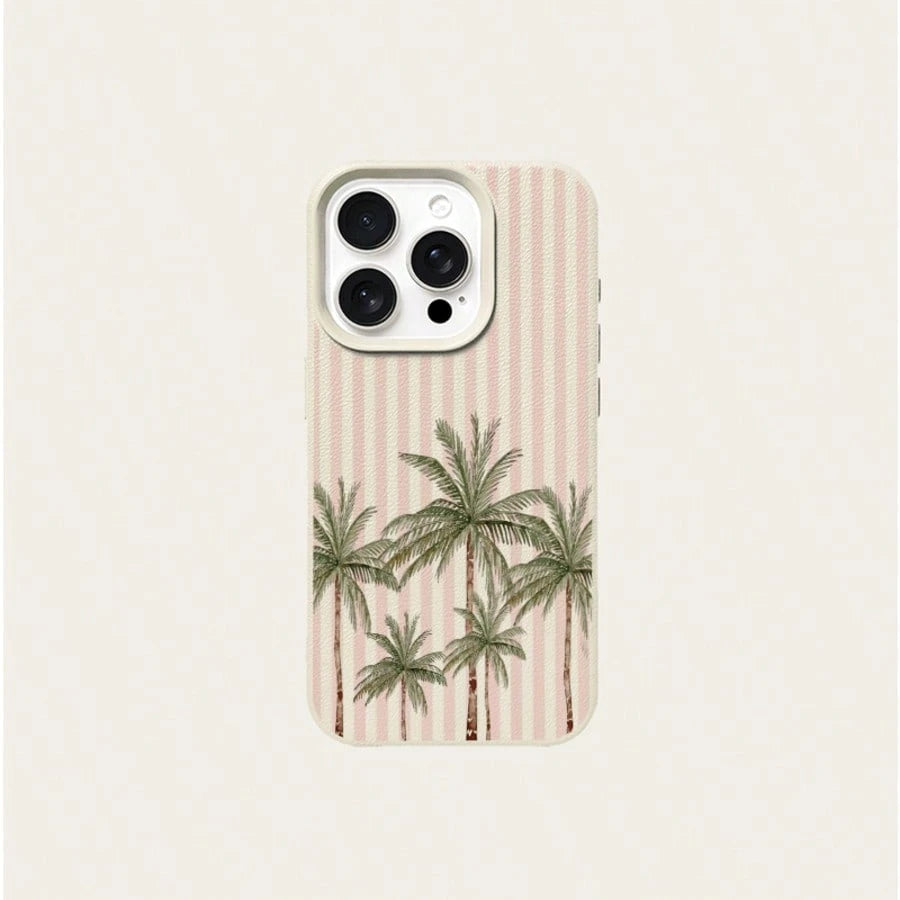Vacation Style TPU Pink Fashion Phone Shockproof Case 1pc TPU Material Pink Striped & 5 Palm Tree Pattern Phone Case Compatible With IPhone 17 Pro Max/17/16 Pro Max/15/13/12/11, S20 FE/A15/S24/A55, No