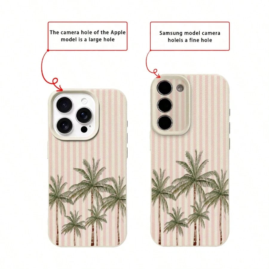 Vacation Style TPU Pink Fashion Phone Shockproof Case 1pc TPU Material Pink Striped & 5 Palm Tree Pattern Phone Case Compatible With IPhone 17 Pro Max/17/16 Pro Max/15/13/12/11, S20 FE/A15/S24/A55, No