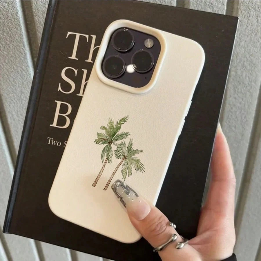 Vacation Style TPU Pink Fashion Phone Shockproof Case 1pc TPU Material Pink Striped & 5 Palm Tree Pattern Phone Case Compatible With IPhone 17 Pro Max/17/16 Pro Max/15/13/12/11, S20 FE/A15/S24/A55, No