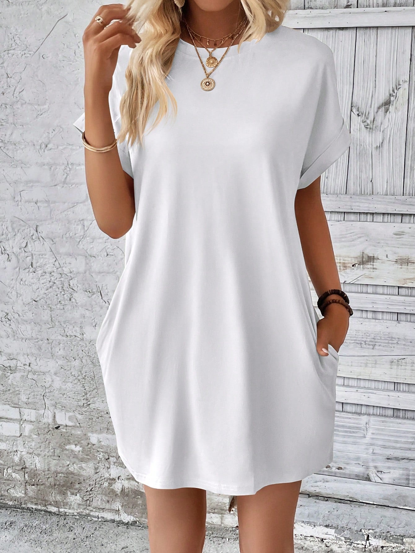 Vaclyn Solid Hidden Pocket Batwing Sleeve Tee Dress