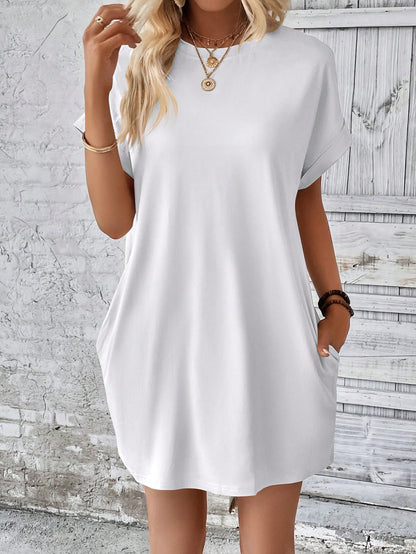 Vaclyn Solid Hidden Pocket Batwing Sleeve Tee Dress