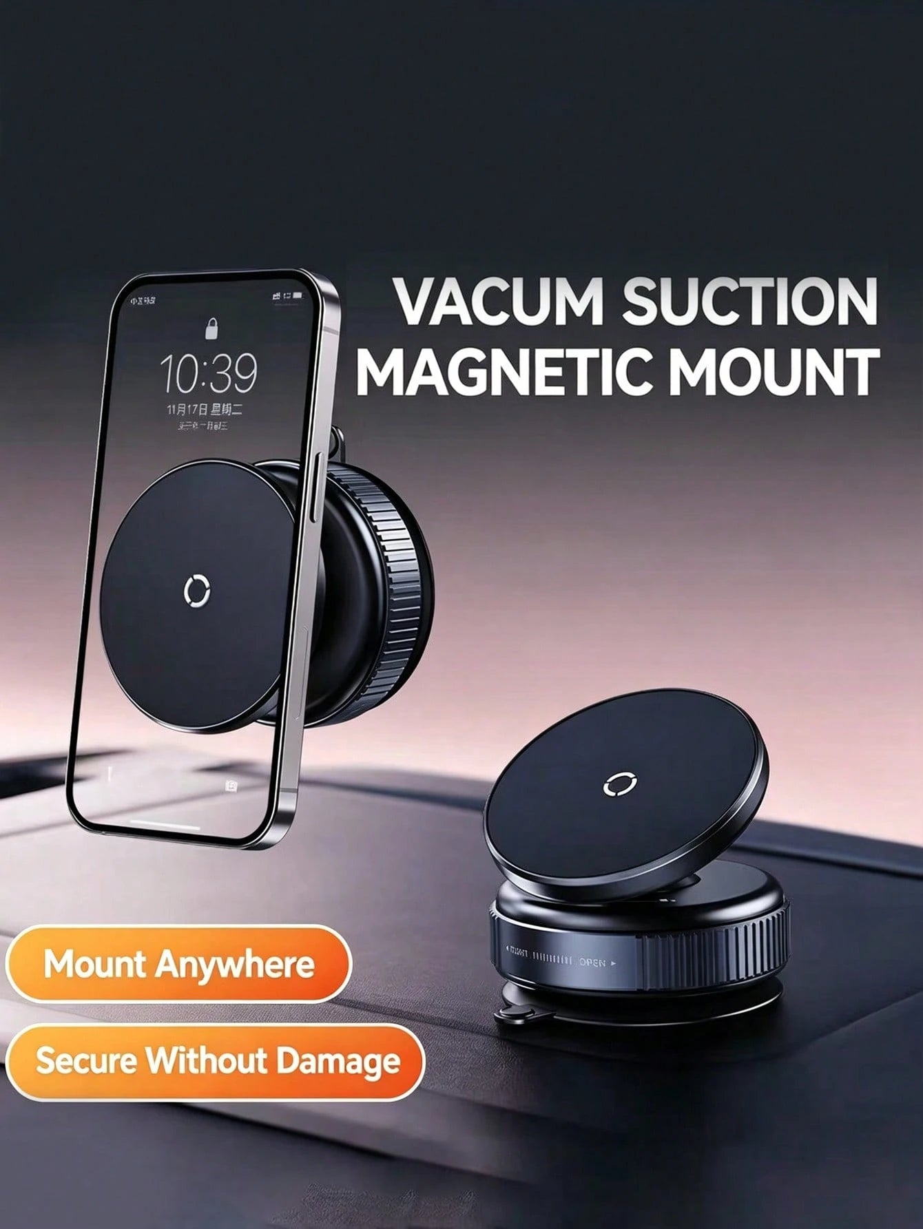 Vacuum Suction Magnetic Car Phone Holder, 360° Adjustable Ball Joint Car Mount, Heavy-Duty 7kg Load Damping Shaft, Universal For All Cell Phones With Extra Metal Ring, Fit Car Dashboard Windshield Roo
