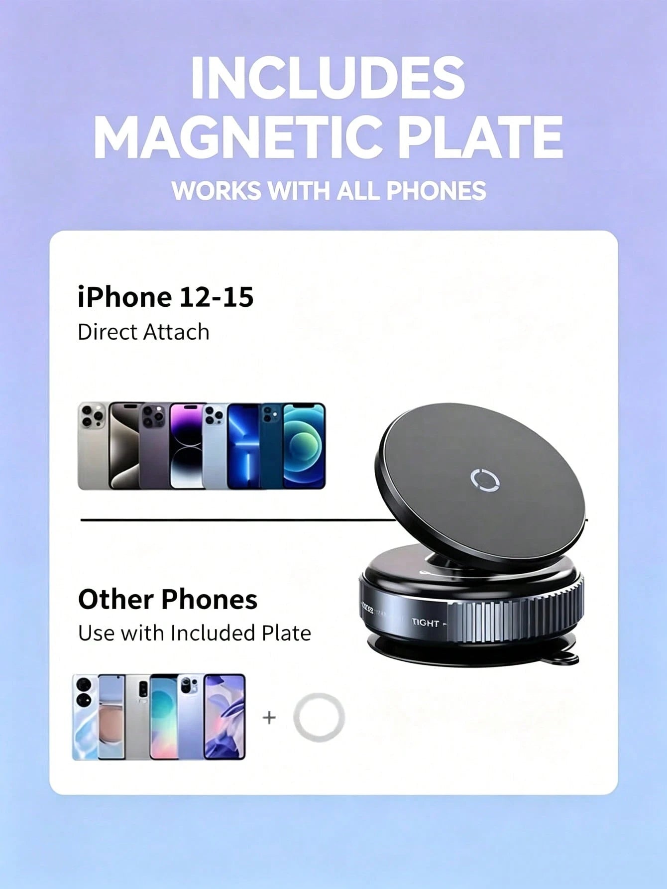 Vacuum Suction Magnetic Car Phone Holder, 360° Adjustable Ball Joint Car Mount, Heavy-Duty 7kg Load Damping Shaft, Universal For All Cell Phones With Extra Metal Ring, Fit Car Dashboard Windshield Roo