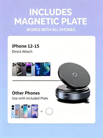 Vacuum Suction Magnetic Car Phone Holder, 360° Adjustable Ball Joint Car Mount, Heavy-Duty 7kg Load Damping Shaft, Universal For All Cell Phones With Extra Metal Ring, Fit Car Dashboard Windshield Roo