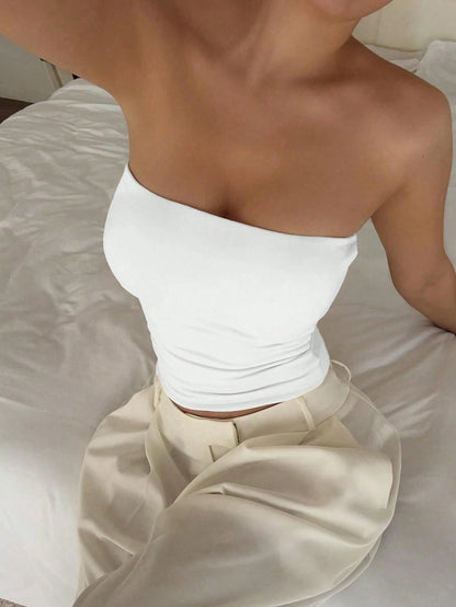 Vaiaye Women's Plus Size Sexy Strapless Basic Camisole, Fashionable Solid Color Stretchy Fitted Bandeau Top, Suitable For All Seasons, Ideal For Valentine's Day White Summer