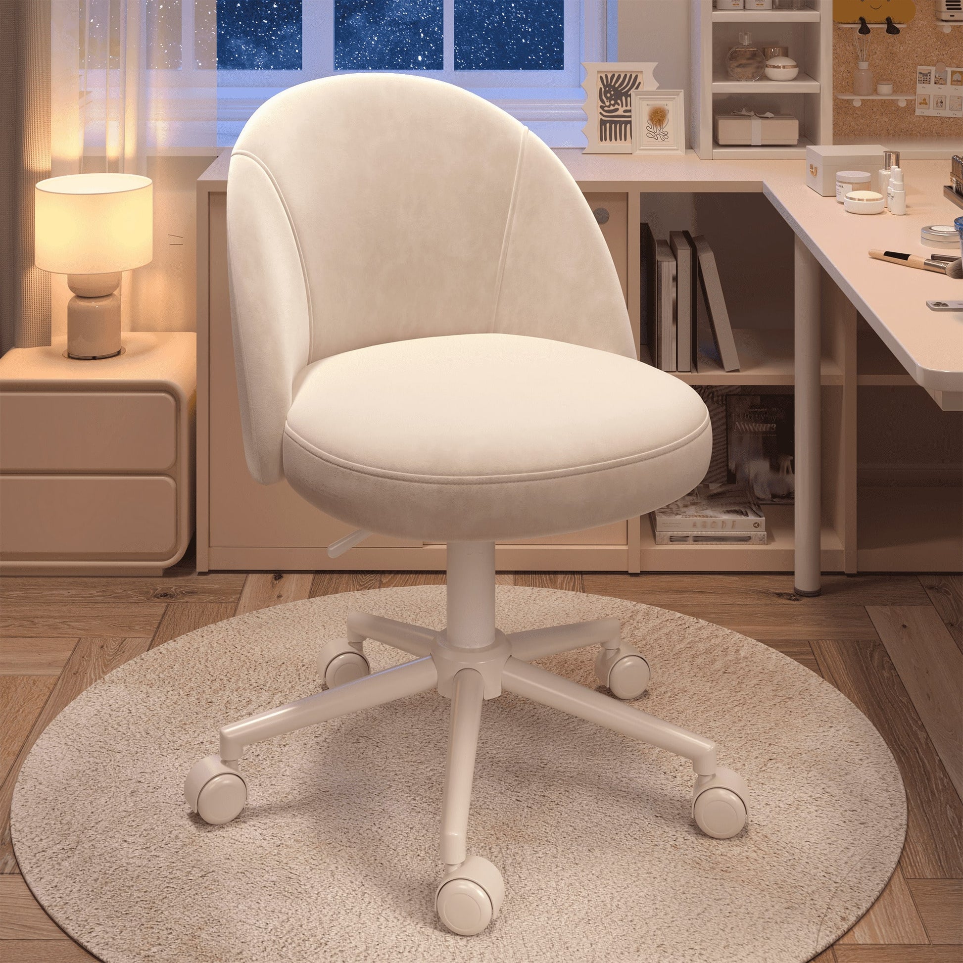 Vanity Chair With Wheels Velvet Swivel Desk Chair Adjustable Height Armless Small Office Chair With Lumbar Support Silla De Vanity For Makeup Room, Bedroom, White