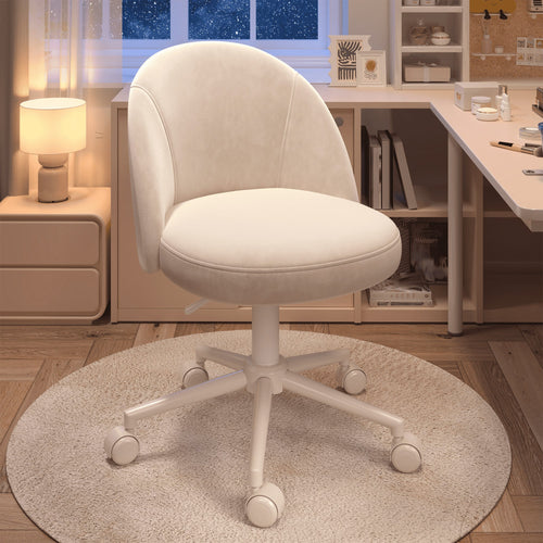 Vanity Chair With Wheels Velvet Swivel Desk Chair Adjustable Height Armless Small Office Chair With Lumbar Support Silla De Vanity For Makeup Room, Bedroom, White
