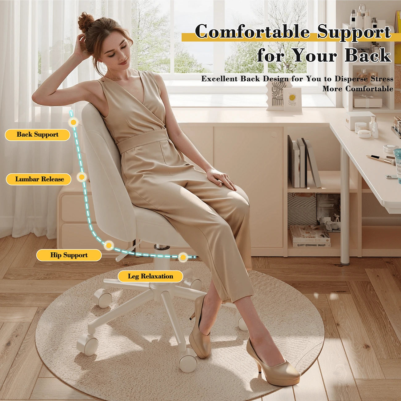 Vanity Chair With Wheels Velvet Swivel Desk Chair Adjustable Height Armless Small Office Chair With Lumbar Support Silla De Vanity For Makeup Room, Bedroom, White