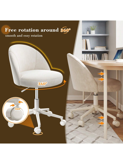 Vanity Chair With Wheels Velvet Swivel Desk Chair Adjustable Height Armless Small Office Chair With Lumbar Support Silla De Vanity For Makeup Room, Bedroom, White