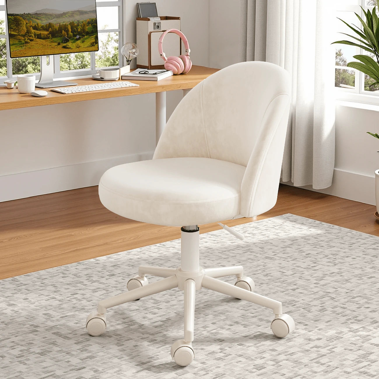 Vanity Chair With Wheels Velvet Swivel Desk Chair Adjustable Height Armless Small Office Chair With Lumbar Support Silla De Vanity For Makeup Room, Bedroom, White