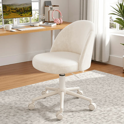 Vanity Chair With Wheels Velvet Swivel Desk Chair Adjustable Height Armless Small Office Chair With Lumbar Support Silla De Vanity For Makeup Room, Bedroom, White